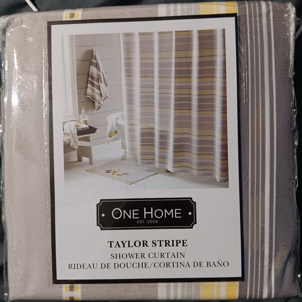 One Home Fabric Shower Curtain Gray, White and Light Yellow NEW Taylor Stripe
